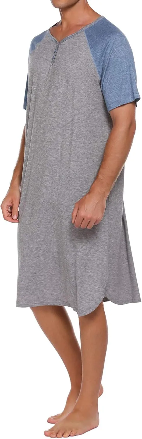 Ekouaer Sleepwear Men's Nightshirt Short Sleeve Pajamas Comfy Big & Tall Henley Sleep Shirt M-XXXL