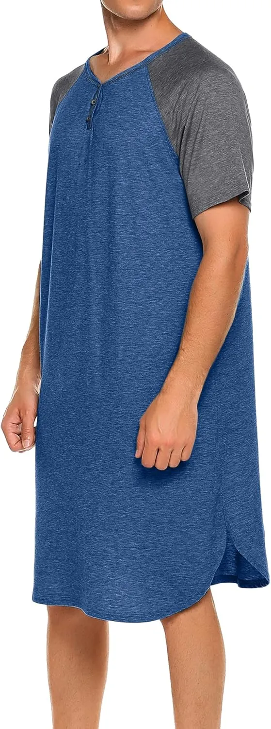Ekouaer Sleepwear Men's Nightshirt Short Sleeve Pajamas Comfy Big & Tall Henley Sleep Shirt M-XXXL