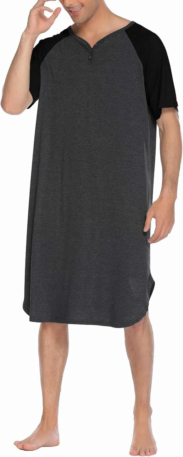 Ekouaer Sleepwear Men's Nightshirt Short Sleeve Pajamas Comfy Big & Tall Henley Sleep Shirt M-XXXL