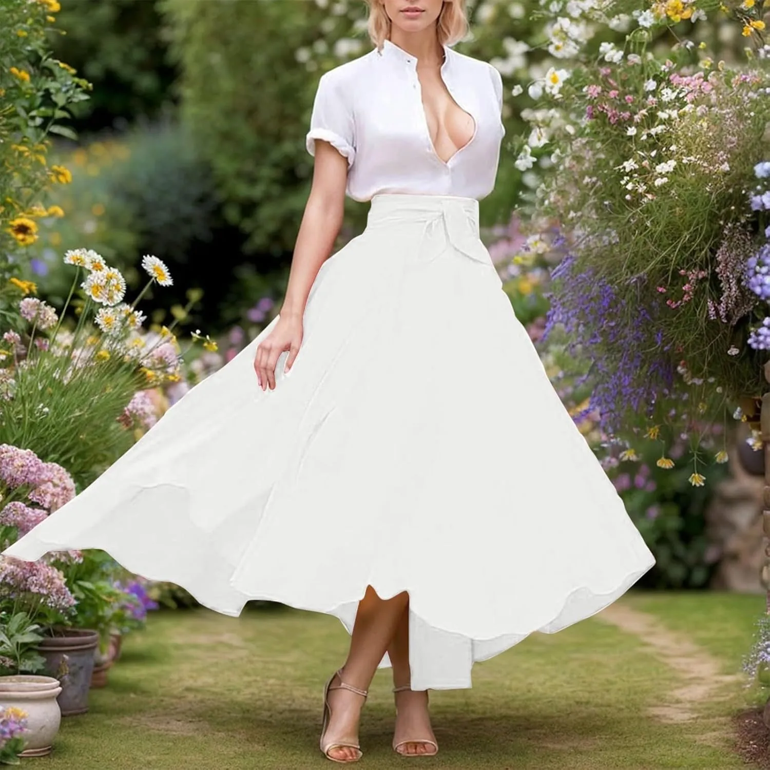 Elegant High Waist Skirt for Women Casual Bohemian Maxi Skirt with Pockets Asymmetrical Hem Skirts for Women Midi