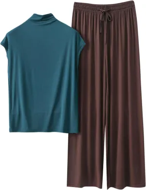 Elegant Turtleneck Pajama Set for Women Soft Modal 2 Piece Outfit Sleepwear Sleeveless Tops and Crop Wide Leg Pants