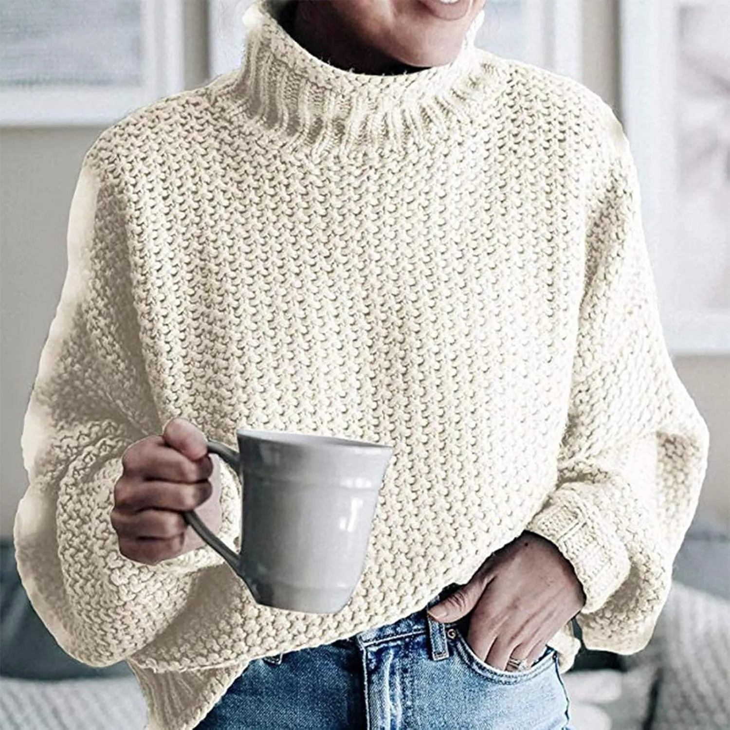 Fall Sweaters for Women Trendy Turtleneck Oversized Batwing Long Sleeve Pullover Loose Casual Chunky Knit Jumper