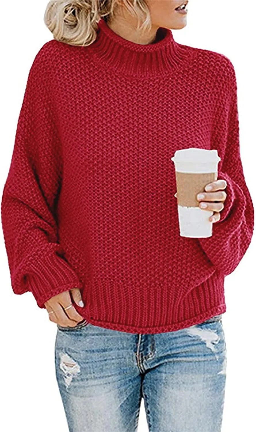 Fall Sweaters for Women Trendy Turtleneck Oversized Batwing Long Sleeve Pullover Loose Casual Chunky Knit Jumper