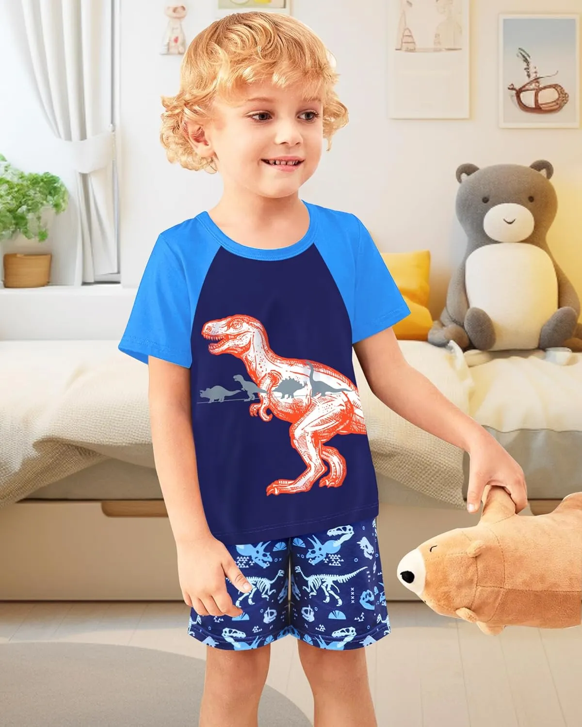 Fiodrimy Boys Pajamas Toddler Boys Summer Pajamas Dinosaur 2 Piece Short Sleeves Boy Pjs Kids Sleepwear Size 3-8 Years