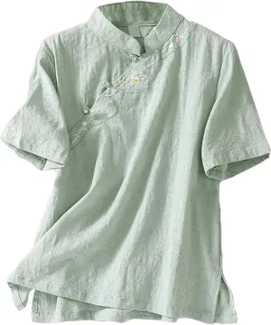 Floral Cotton Linen Retro Chinese Frog Button Blouses for Women Vintage Summer Short Sleeve Side Slit Hem Tops Shirts