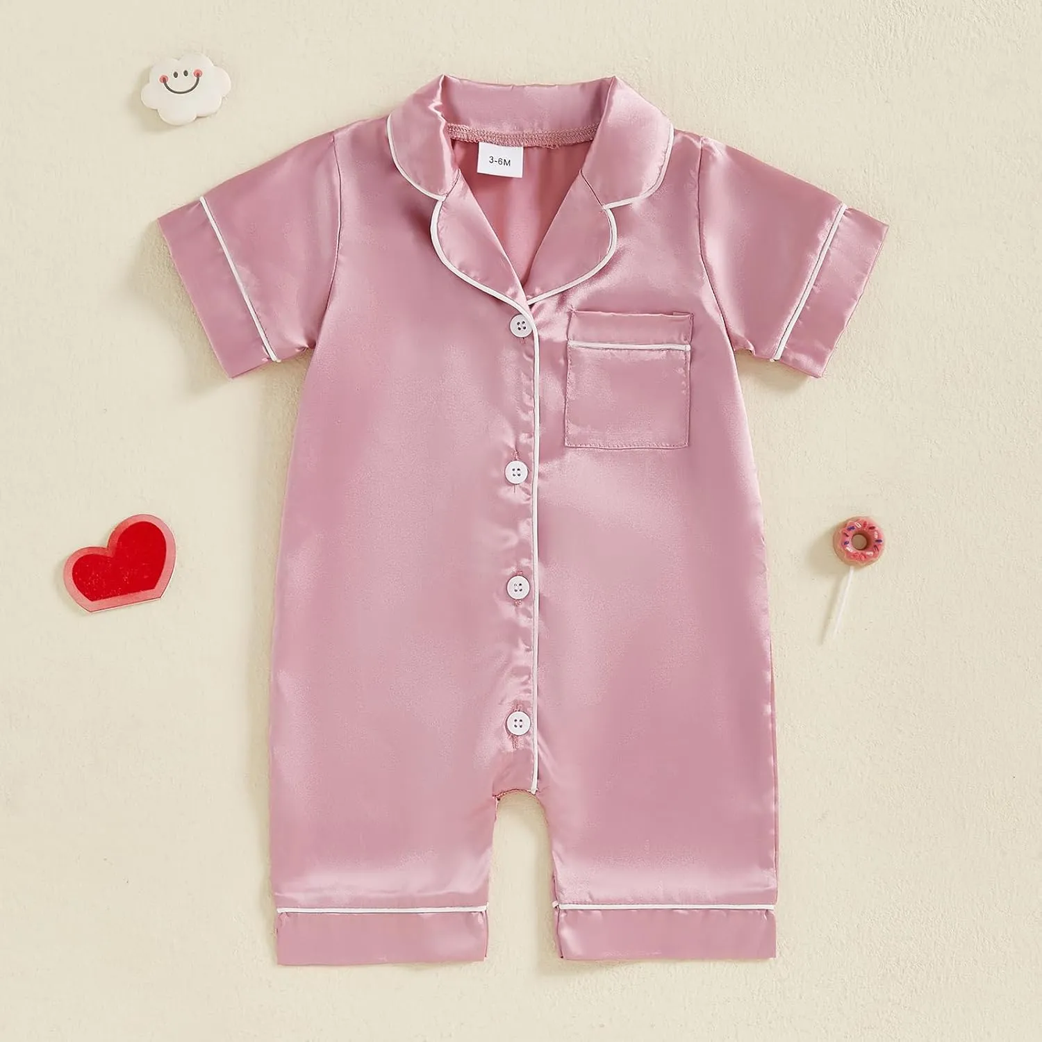 FULA-bao Newborn Baby Boy Girl Silk Pajamas Short Sleeve Button Up Satin Pjs One Piece Romper Onesie Shorts Baby Sleepwears