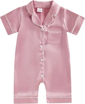 FULA-bao Newborn Baby Boy Girl Silk Pajamas Short Sleeve Button Up Satin Pjs One Piece Romper Onesie Shorts Baby Sleepwears