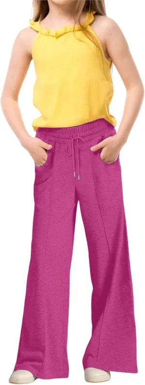 Girls High Waisted Uniform Capri Pants Kids Wide Leg Pant Trouser Drawstring Straight Clothes Cropped Baggy Trouser