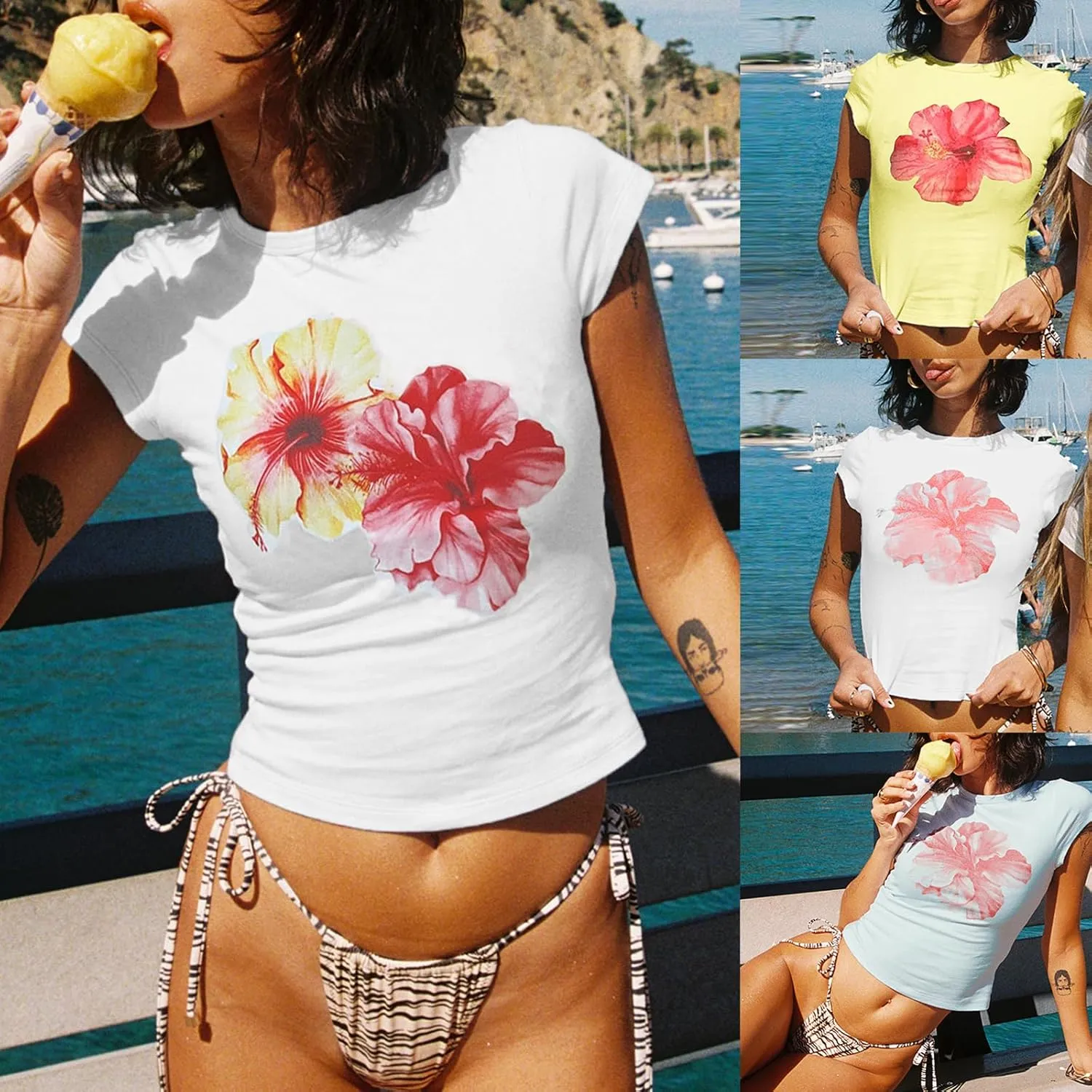 Graphic Baby Tees for Women Y2k Flower Print Short Sleeve Crop Top Teen Girls Aesthetic Vintage Shirts Summer