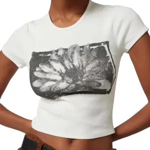 Graphic Baby Tees for Women Y2k Flower Print Short Sleeve Crop Top Teen Girls Aesthetic Vintage Shirts Summer