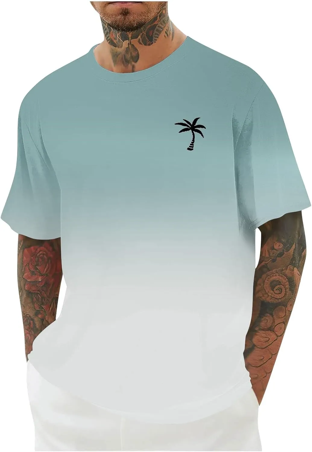 Graphic Beach Tees for Men Gradient Short Sleeve Summer Vacation T-Shirts Fashion Plam Tree Printed Streetwear Tees