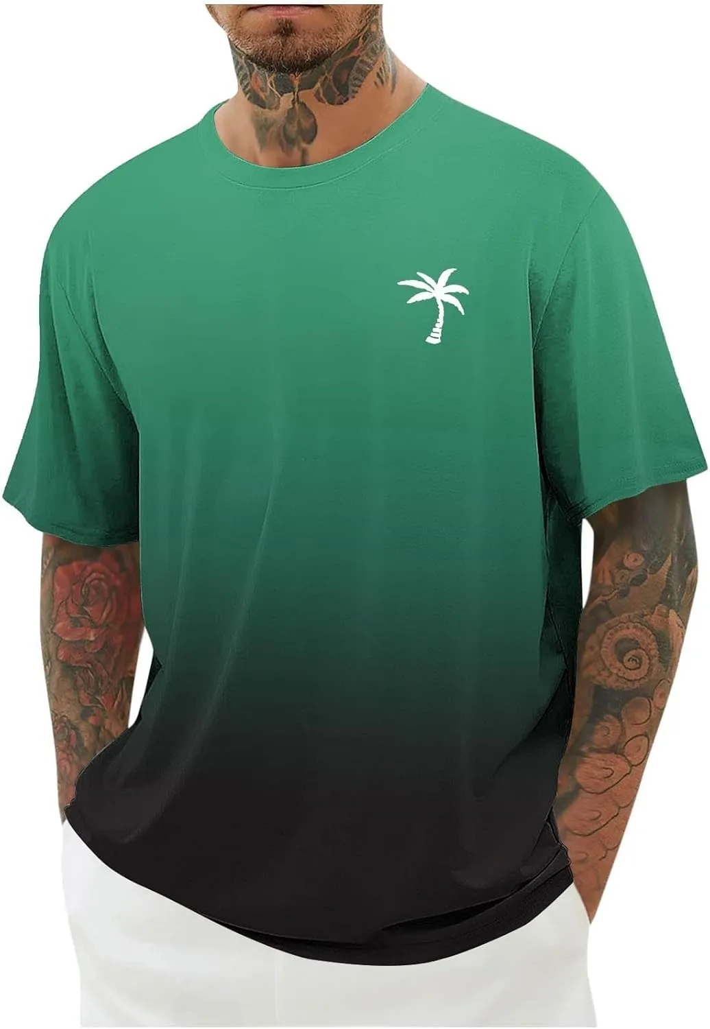 Graphic Beach Tees for Men Gradient Short Sleeve Summer Vacation T-Shirts Fashion Plam Tree Printed Streetwear Tees