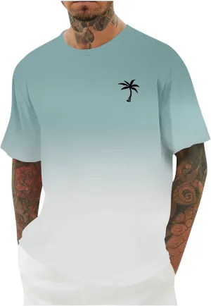 Graphic Beach Tees for Men Gradient Short Sleeve Summer Vacation T-Shirts Fashion Plam Tree Printed Streetwear Tees