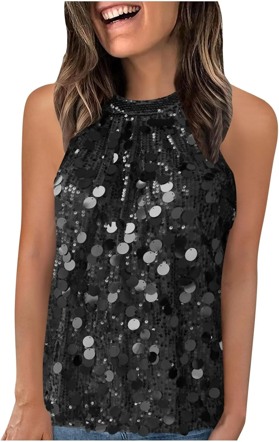 Halter Sequin Tank Top for Women Sleeveless Sparkly Glitter Club Outfit Keyhole Back Flowy Shiny Party Concert Shirt