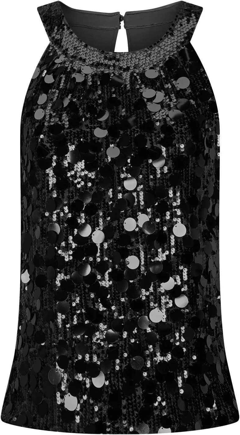 Halter Sequin Tank Top for Women Sleeveless Sparkly Glitter Club Outfit Keyhole Back Flowy Shiny Party Concert Shirt