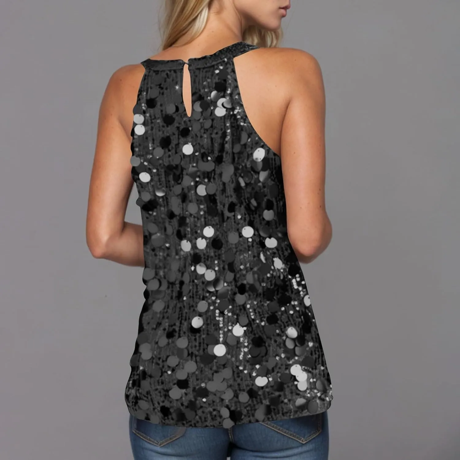 Halter Sequin Tank Top for Women Sleeveless Sparkly Glitter Club Outfit Keyhole Back Flowy Shiny Party Concert Shirt