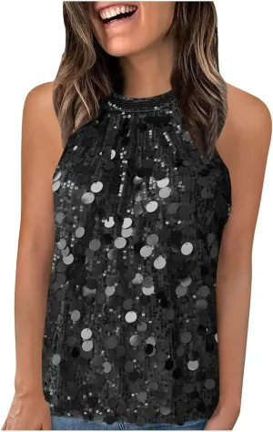 Halter Sequin Tank Top for Women Sleeveless Sparkly Glitter Club Outfit Keyhole Back Flowy Shiny Party Concert Shirt