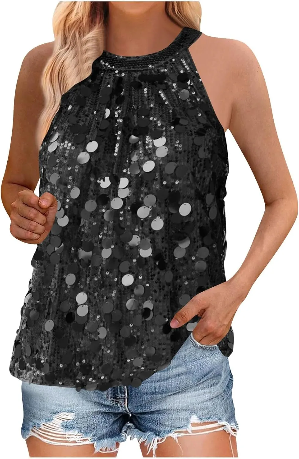 Halter Sequin Tank Top for Women Sleeveless Sparkly Glitter Club Outfit Keyhole Back Flowy Shiny Party Concert Shirt