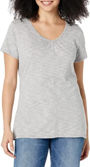 Hanes Women's Shirts, Slub Cotton Shirred V-Neck Tee, Cotton T-Shirts for Women, Women’s Tee Shirts