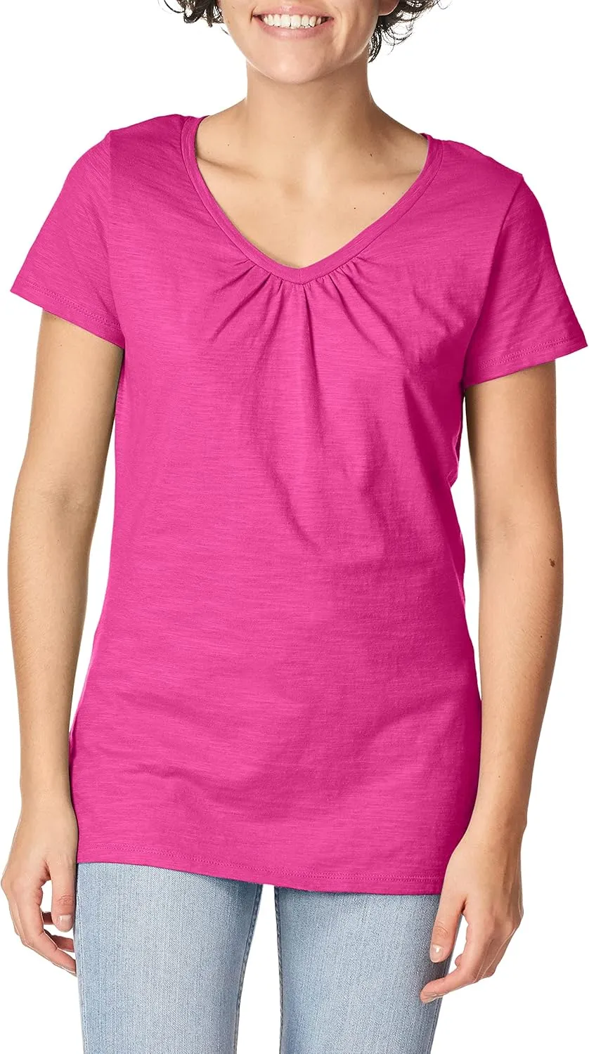 Hanes Women's Shirts, Slub Cotton Shirred V-Neck Tee, Cotton T-Shirts for Women, Women’s Tee Shirts