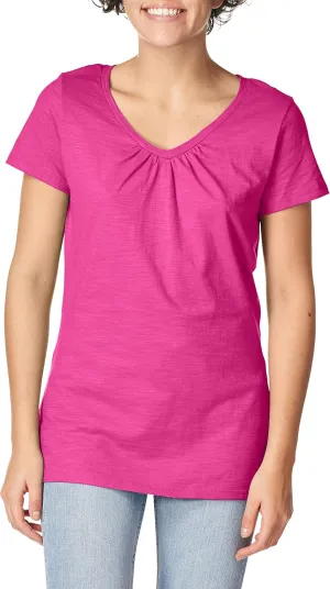 Hanes Women's Shirts, Slub Cotton Shirred V-Neck Tee, Cotton T-Shirts for Women, Women’s Tee Shirts