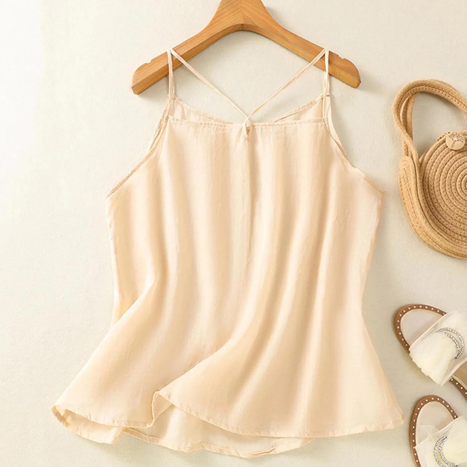 HGps8w Women's Cotton Linen Tank Tops Summer Casual Sleeveless Sexy Cross Back Camisoles Loose Spaghetti Strap Cami Shirts