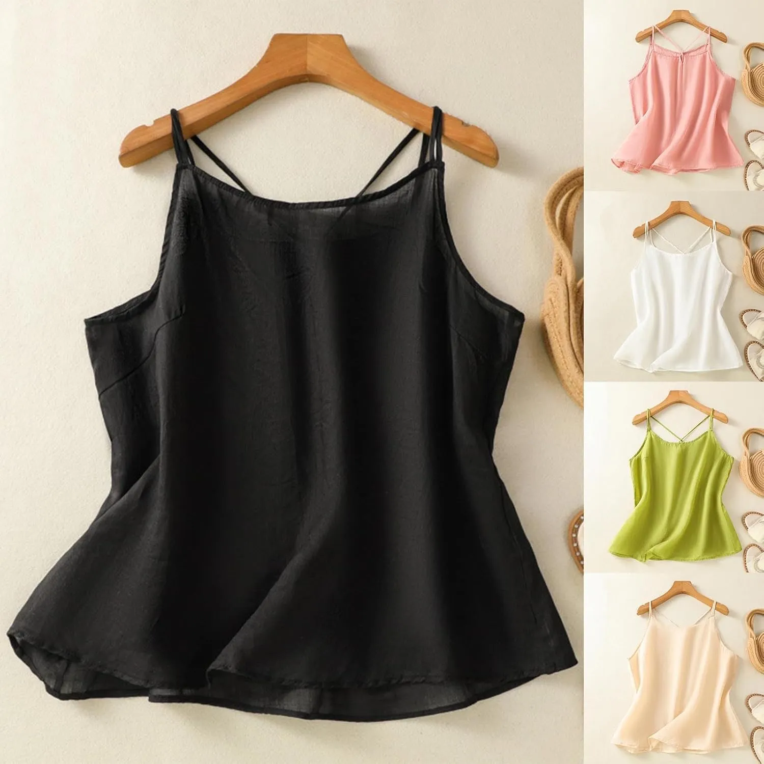 HGps8w Women's Cotton Linen Tank Tops Summer Casual Sleeveless Sexy Cross Back Camisoles Loose Spaghetti Strap Cami Shirts