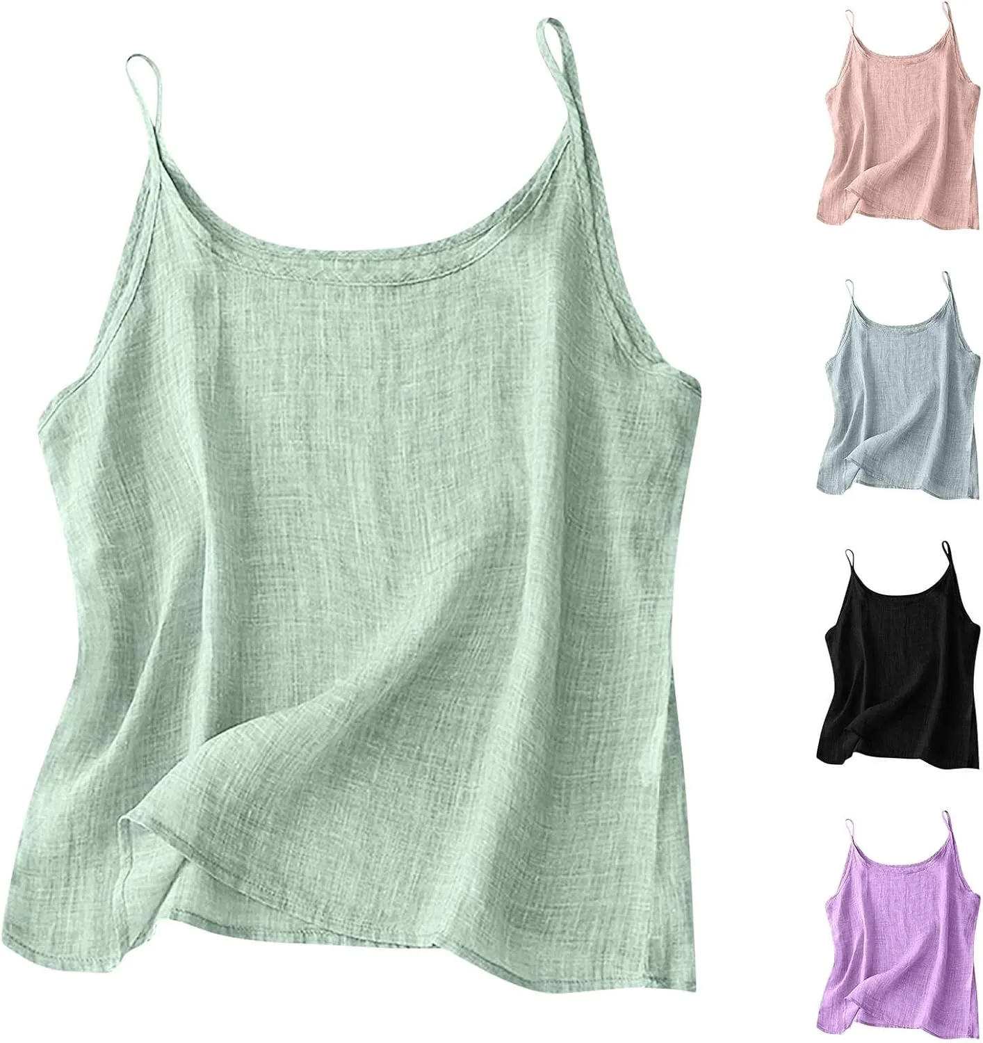 HGps8w Women's Summer Cotton Linen Tank Tops Casual Sleeveless Crew Neck Camisoles Loose Fit Spaghetti Strap Cami Shirts