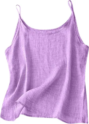 HGps8w Women's Summer Cotton Linen Tank Tops Casual Sleeveless Crew Neck Camisoles Loose Fit Spaghetti Strap Cami Shirts