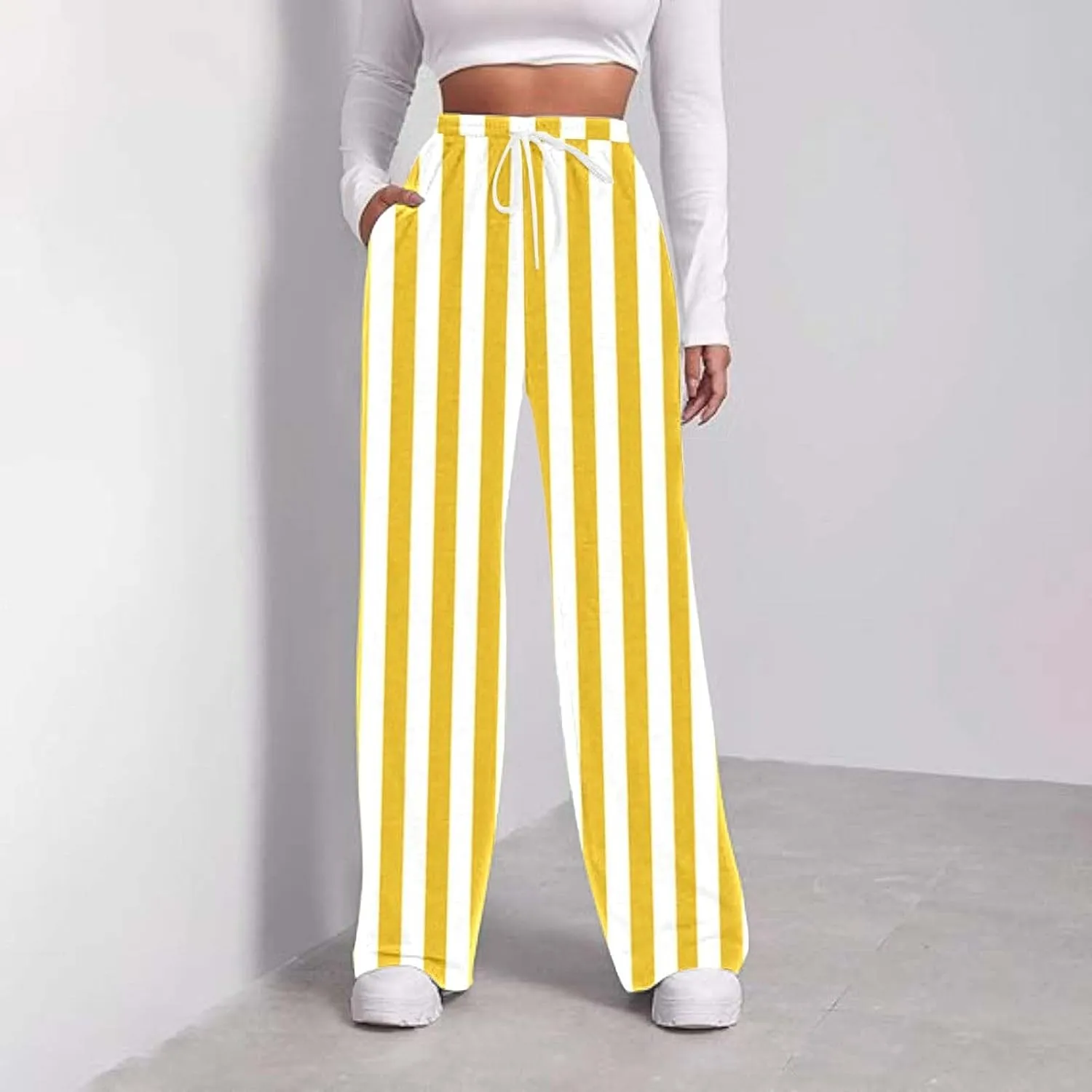 High Waisted Color Block Straight Leg Pants Printed Drawstring Baggy Trousers with Pockets Elastic Waisted Pants Women