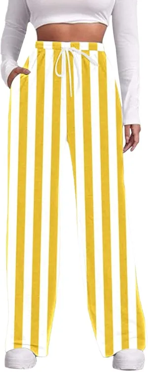 High Waisted Color Block Straight Leg Pants Printed Drawstring Baggy Trousers with Pockets Elastic Waisted Pants Women
