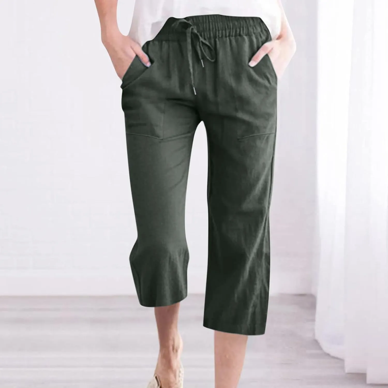JOAU Summer Cotton Linen Cropped Wide Leg Pants, Women Casual Loose Drawstring Elastic Waist Capris Trousers with Pockets