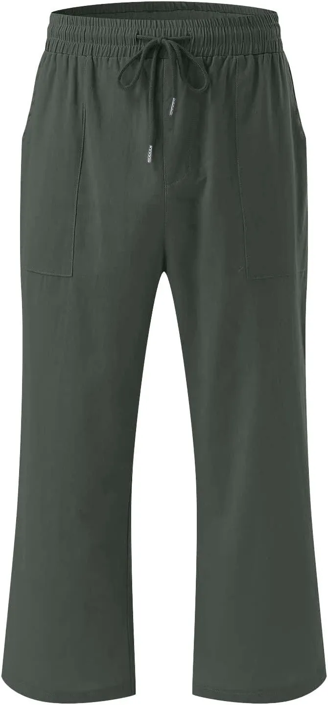 JOAU Summer Cotton Linen Cropped Wide Leg Pants, Women Casual Loose Drawstring Elastic Waist Capris Trousers with Pockets