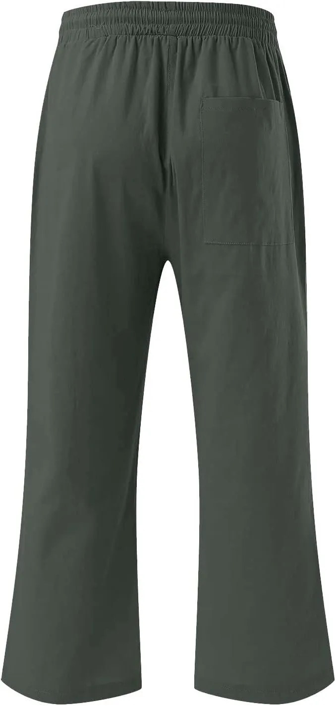 JOAU Summer Cotton Linen Cropped Wide Leg Pants, Women Casual Loose Drawstring Elastic Waist Capris Trousers with Pockets