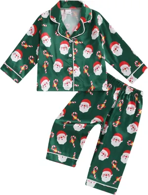 Kids Christmas Pajamas Toddler Girl Boy Cute Santa Claus Button Up Shirt Top Long Pants Loungewear Sleepwear