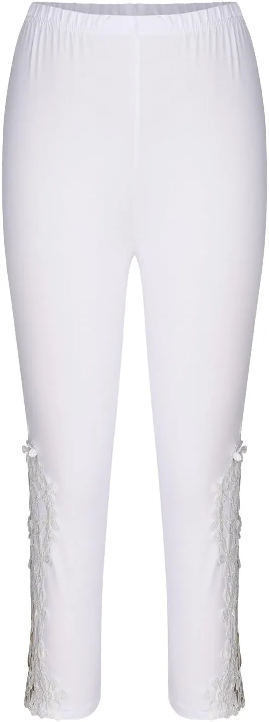 Lace Stitching Capri Pants for Women Wide Leg Trousers Elasticated Waist Leggings 3/4 Three Quarter Length Trouser