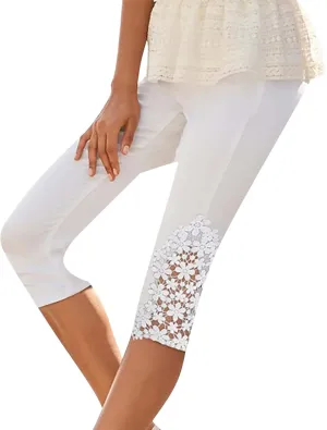 Lace Stitching Capri Pants for Women Wide Leg Trousers Elasticated Waist Leggings 3/4 Three Quarter Length Trouser