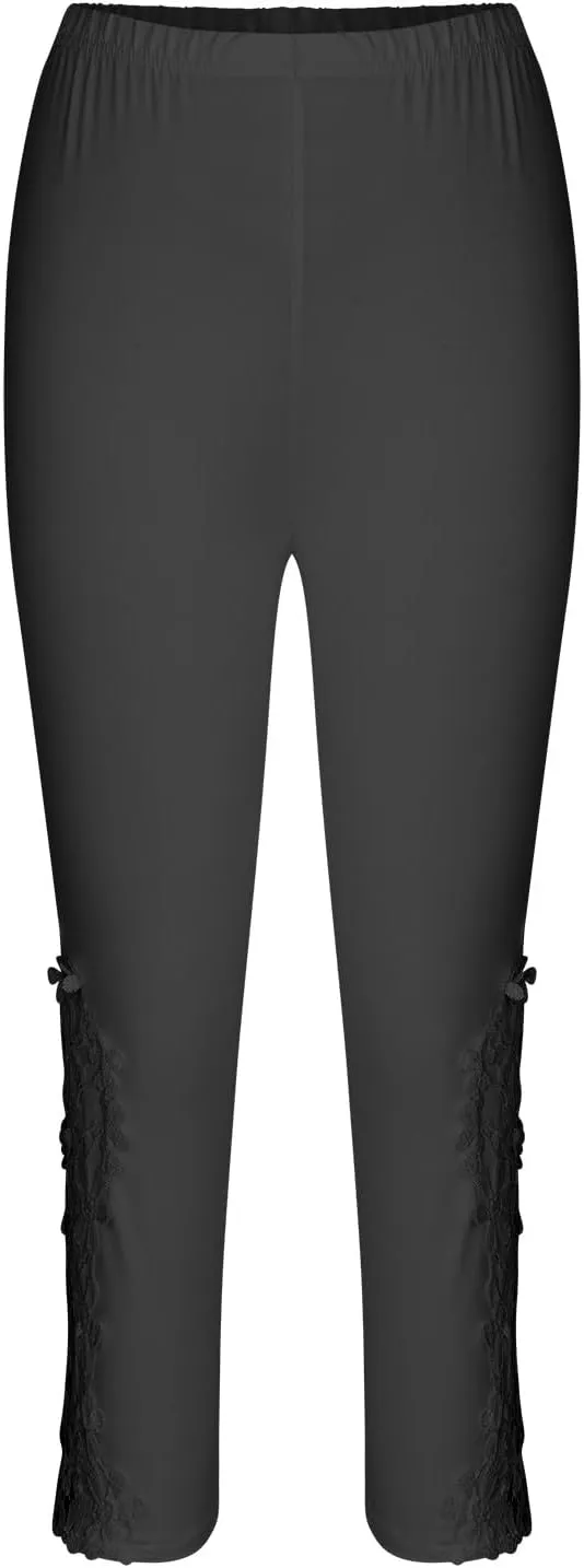 Lace Stitching Capri Pants for Women Wide Leg Trousers Elasticated Waist Leggings 3/4 Three Quarter Length Trouser
