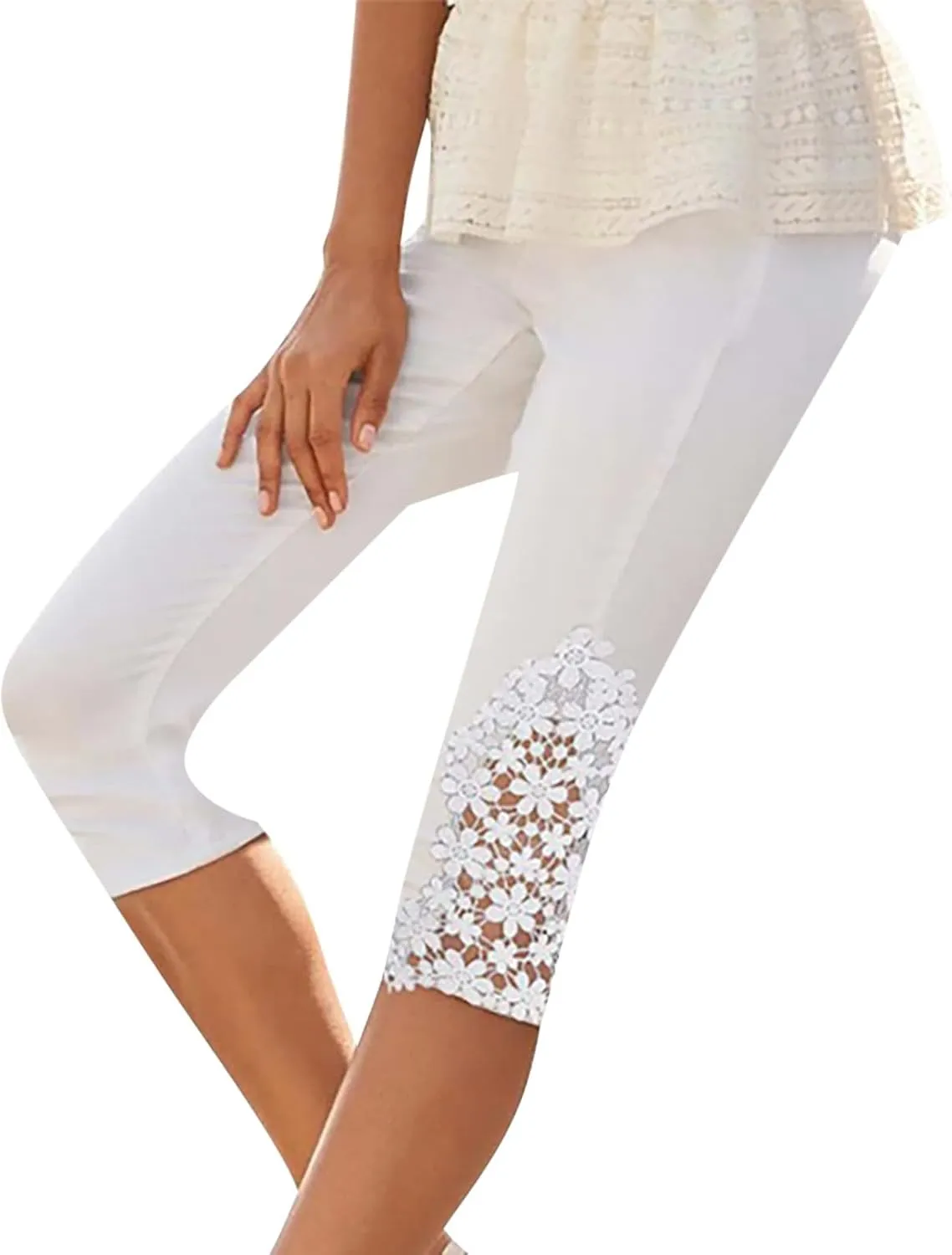 Lace Stitching Capri Pants for Women Wide Leg Trousers Elasticated Waist Leggings 3/4 Three Quarter Length Trouser
