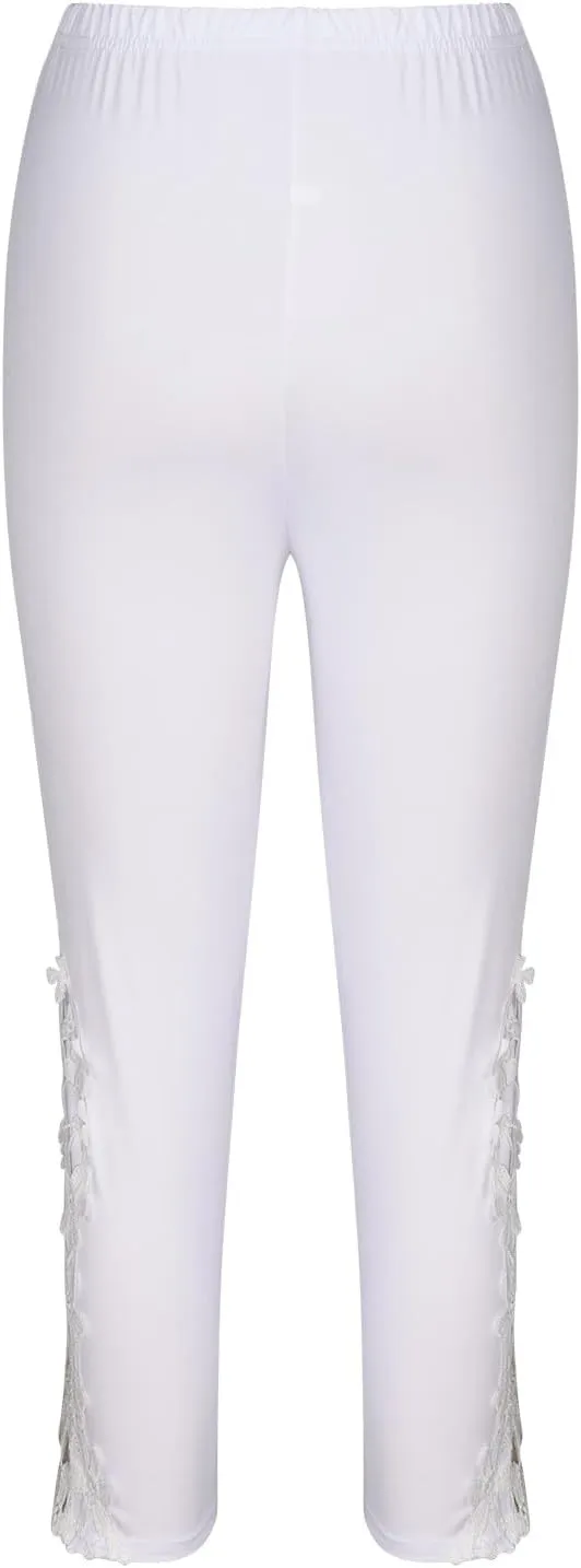 Lace Stitching Capri Pants for Women Wide Leg Trousers Elasticated Waist Leggings 3/4 Three Quarter Length Trouser