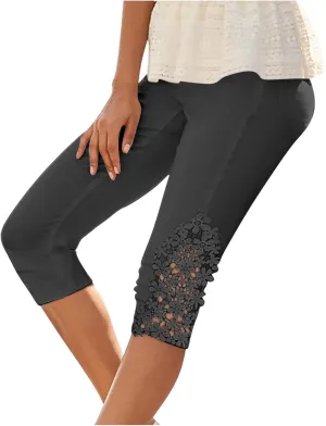 Lace Stitching Capri Pants for Women Wide Leg Trousers Elasticated Waist Leggings 3/4 Three Quarter Length Trouser
