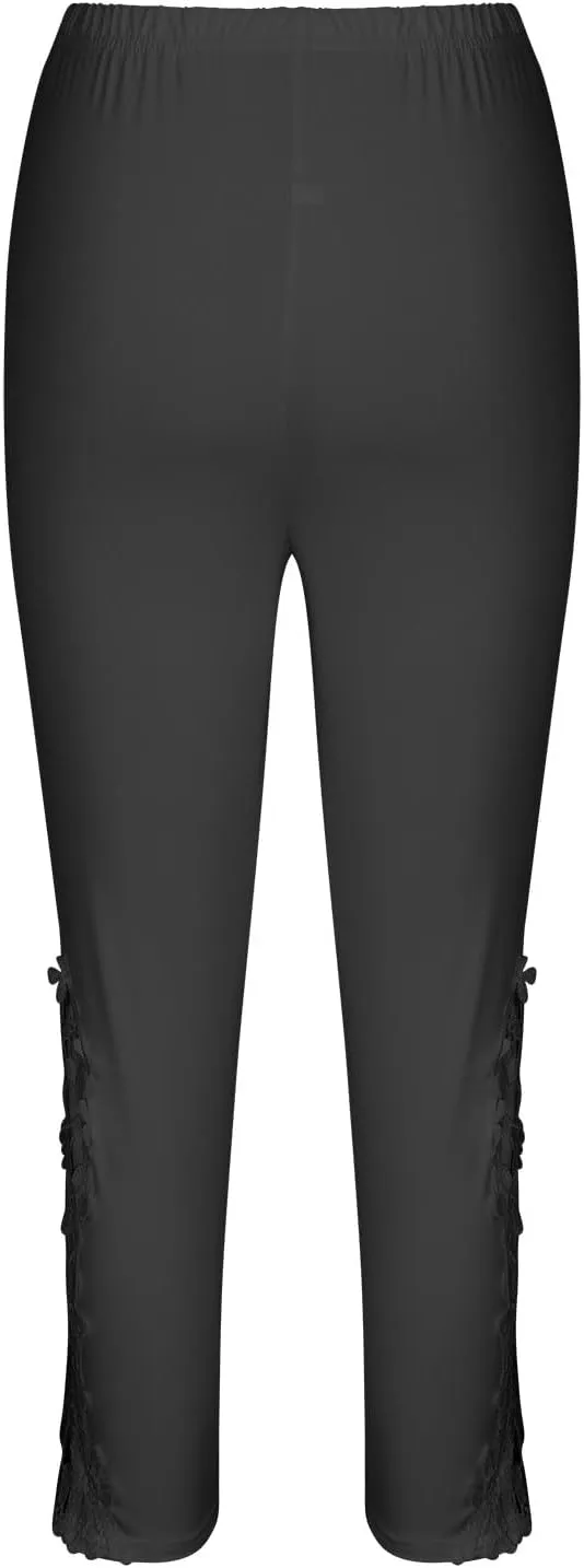 Lace Stitching Capri Pants for Women Wide Leg Trousers Elasticated Waist Leggings 3/4 Three Quarter Length Trouser