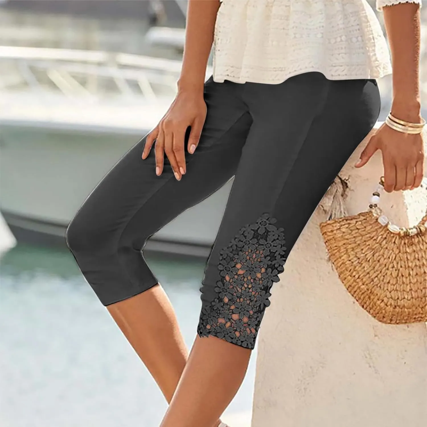 Lace Stitching Capri Pants for Women Wide Leg Trousers Elasticated Waist Leggings 3/4 Three Quarter Length Trouser