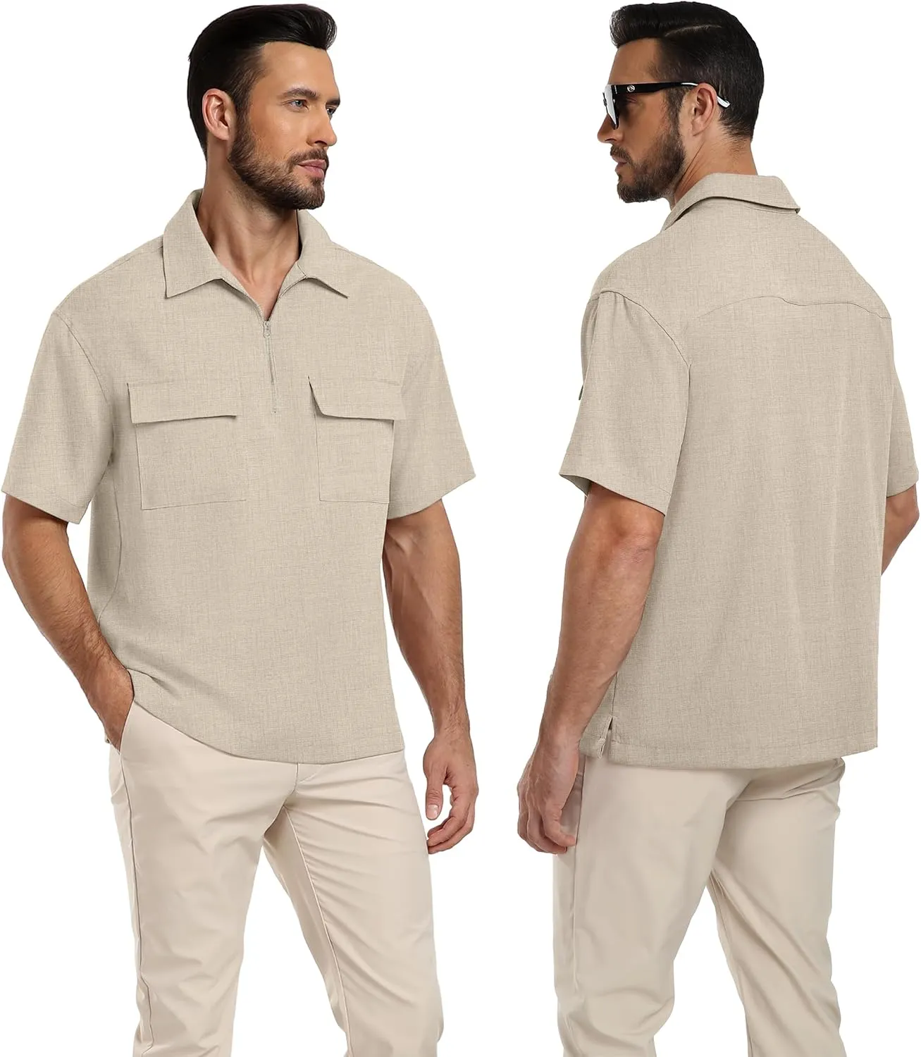 Lepunuo Mens Zipper Polo Shirts Linen Casual Short Sleeve Shirts Loose Fit T Shirts with Cargo Pockets
