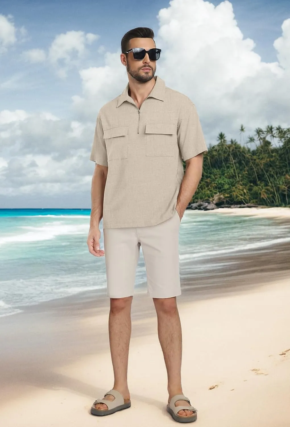 Lepunuo Mens Zipper Polo Shirts Linen Casual Short Sleeve Shirts Loose Fit T Shirts with Cargo Pockets