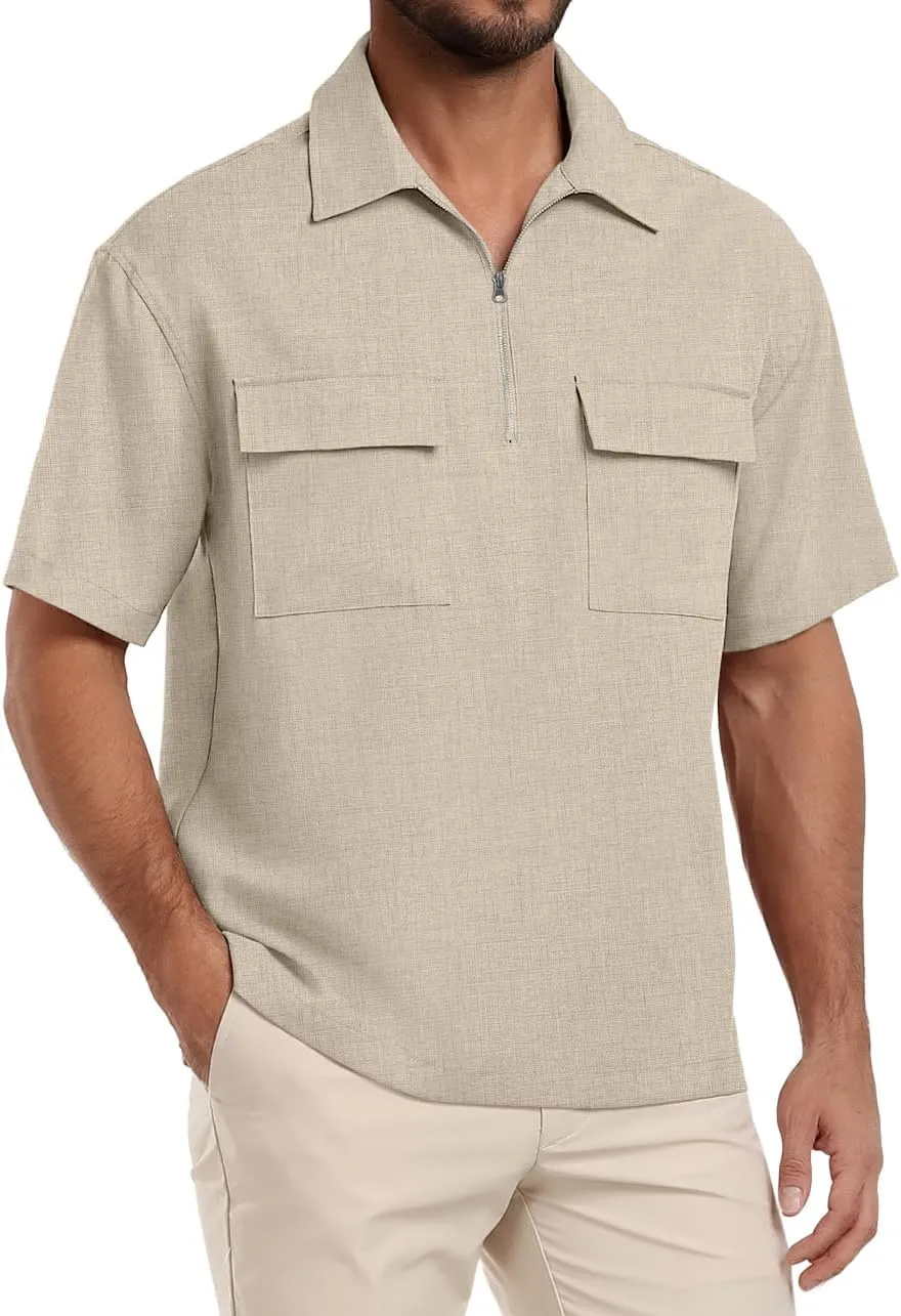 Lepunuo Mens Zipper Polo Shirts Linen Casual Short Sleeve Shirts Loose Fit T Shirts with Cargo Pockets