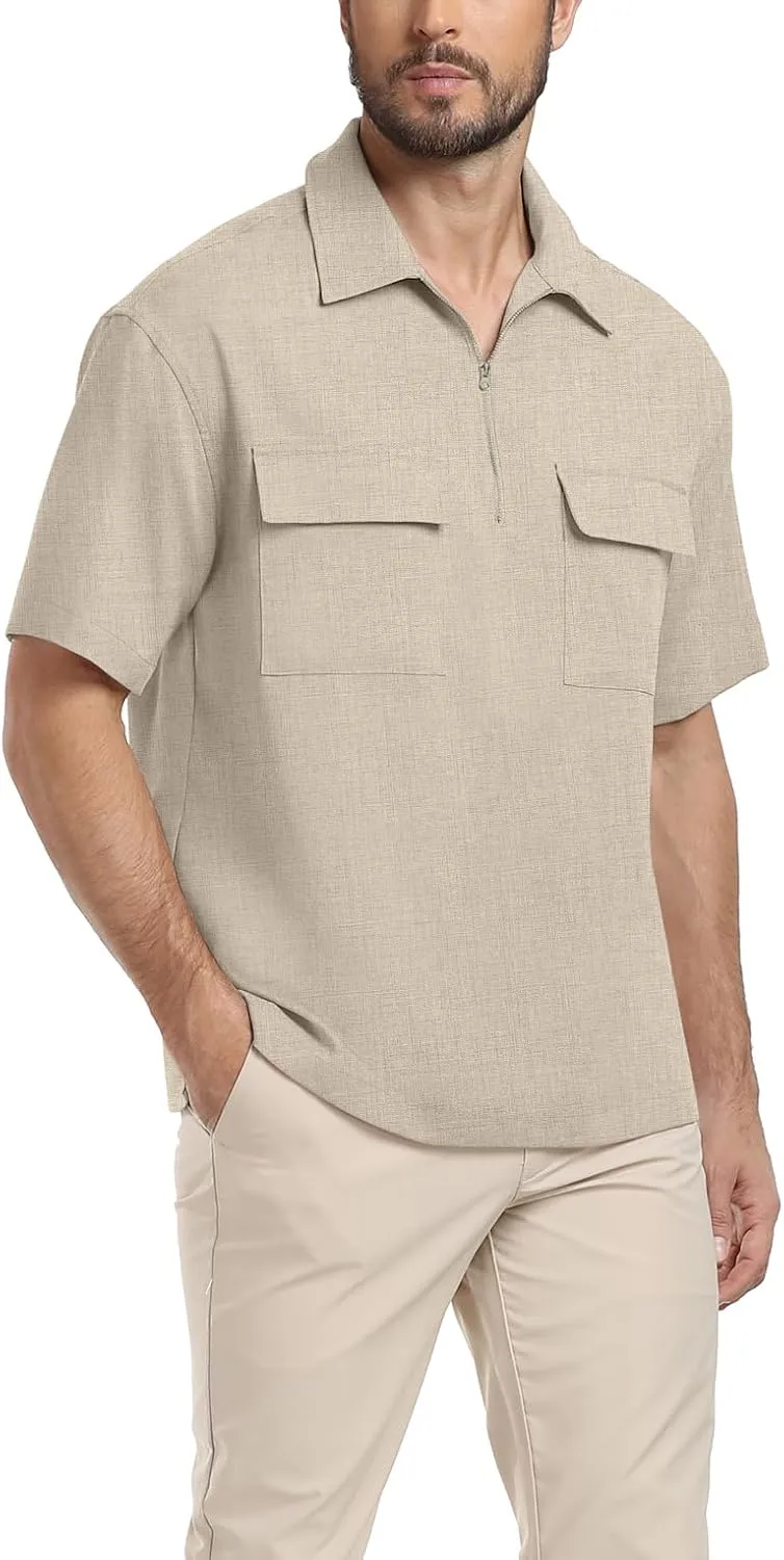 Lepunuo Mens Zipper Polo Shirts Linen Casual Short Sleeve Shirts Loose Fit T Shirts with Cargo Pockets