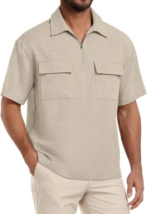 Lepunuo Mens Zipper Polo Shirts Linen Casual Short Sleeve Shirts Loose Fit T Shirts with Cargo Pockets