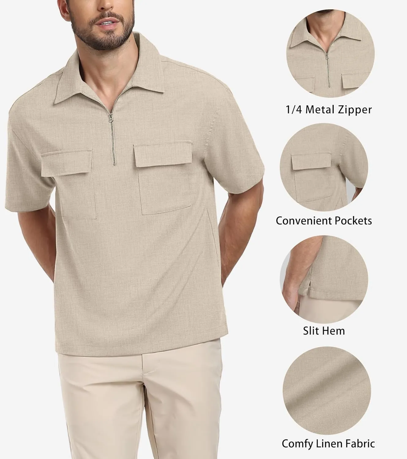Lepunuo Mens Zipper Polo Shirts Linen Casual Short Sleeve Shirts Loose Fit T Shirts with Cargo Pockets