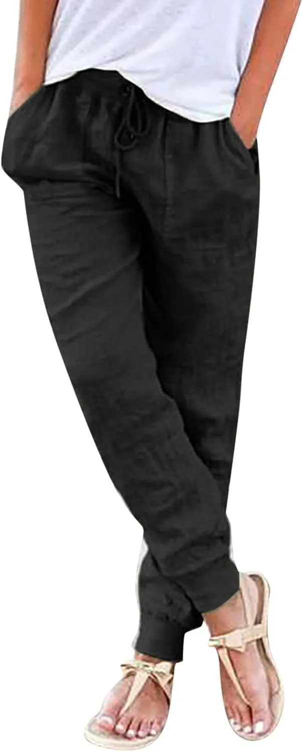 Linen Joggers for Women Tapered Ankle Pants Wide Leg Cargo Pants Drawstring Elastic Waist Casual Slacks with Pockets